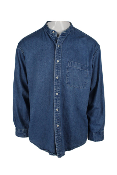 vintage cambridge blue long sleeve button up denim shirt. features mandarin style collar, left breast pocket, and buttons at cuffs.