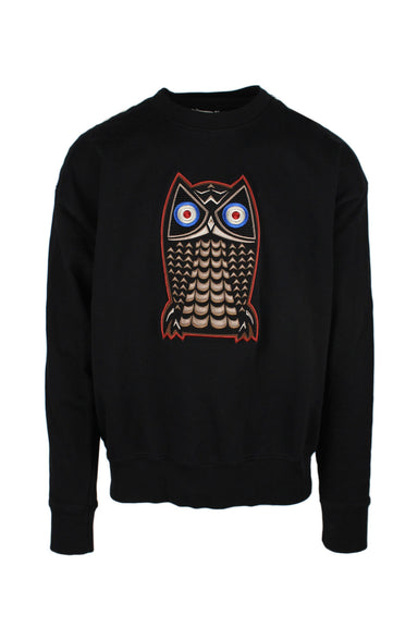 ben sherman black pullover cotton sweatshirt. features embroidered owl at front, accent ribbon strips at shoulders, with ribbed collar/cuffs/hem.