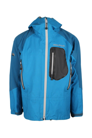 mont bell blue zip up waterproof zip up jacket. features embroidered logo at left breast/sleeves, left breast zip pocket, inner zip chest pocket, zip hand pockets, adjustable velcro straps at cuffs, under arm zip vents, and elastic straps at hood/hem.