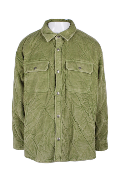 description: bdg green corduroy long sleeve jacket. features collar, button down closure at center front, dual flap closure pockets at front, and straight bottom hem. 