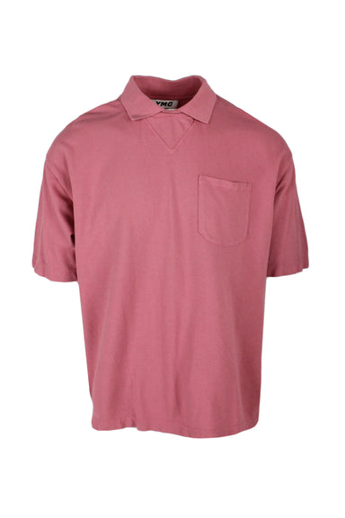 ymc dusty pink short sleeve cotton pique pullover shirt. features chest patch pocket, layered collar, and boxy silhouette. 
