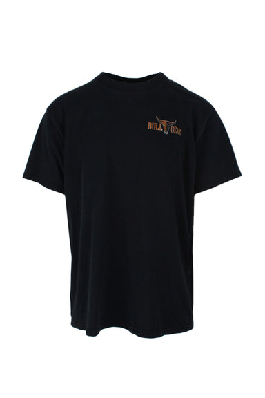 vintage faded black cotton t-shirt. features ‘bull gear’ graphics printed at left breast/back with ribbed collar.