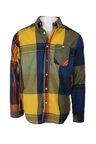 raw edge multi-colored plaid button up shirt. features plaid shell, collared neckline, chest pocket, barrel cuffs, button closure along front. 