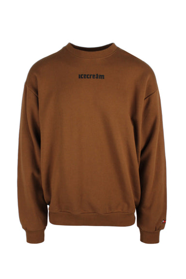 icecream brown cotton crewneck sweatshirt. features logo printed at chest, graphic printed/stitched at back, with ribbed collar/cuffs/hem.