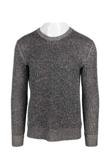 rag & bone black and white long sleeve pullover sweater. features multi-knit construction, crew collar, and pure wool material. 