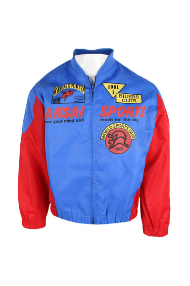  kansai sports blue & red race jacket. features branded text at chest, ribbed neckline, elastic cuffs and trim, zip closure along front. 