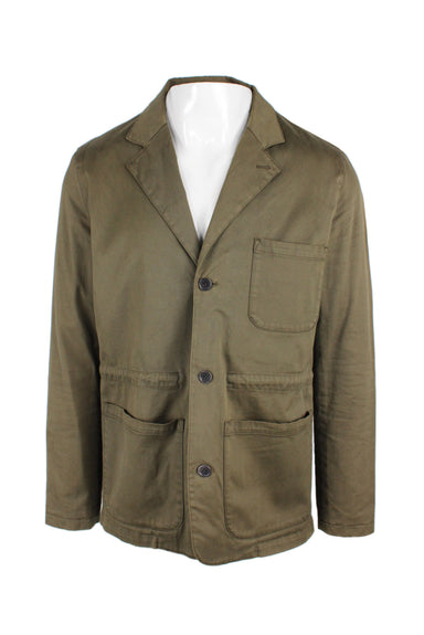 ymc olive lightweight cotton blend blazer. features notched lapel, patch pockets at left chest & lower front, interior drawstring at waist, and 3-button closure. unlined. 