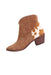 dolce vita light brown suede western style booties. features two-tone spotted fur accent, pointed toe, silver toned side zip closure, and chunky stacked heel. 
