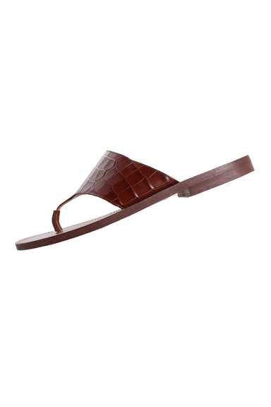 j.crew cognac leather slide sandals. features croc-embossed foot strap, thong toe, and 0.5" stacked heel. 