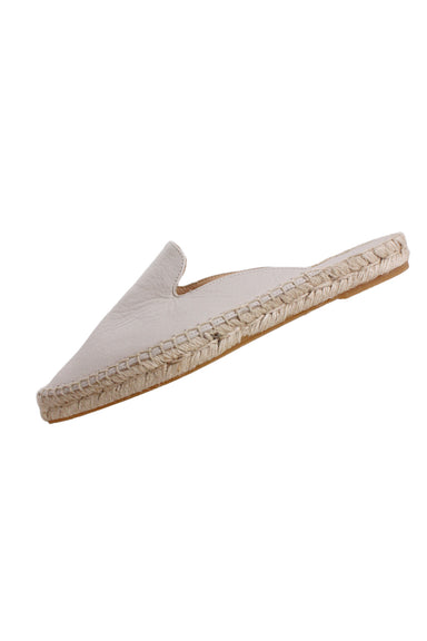 lisa b. pale oyster and beige leather espadrille flats. features pointed toe and ~0.75" natural fiber outsole. 