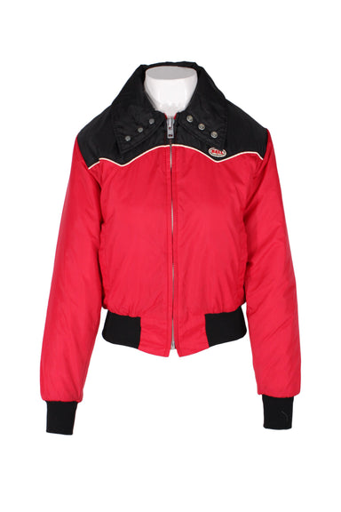 vintage bell red & black nylon jacket. features petite fit, color-block shell, collared neckline, ribbed trim & cuffs, slit waist pockets, unlined, zip closure along front.