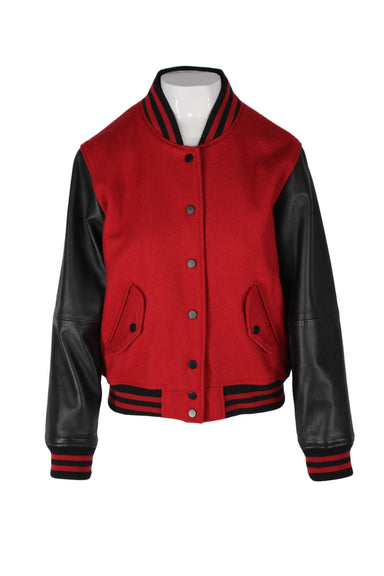 deadwood studios x free people red and black bomber jacket. features striped rib knit stand collar/hem/cuffs, leather sleeves, flap pockets at waist, fully lined, and snap button closure.