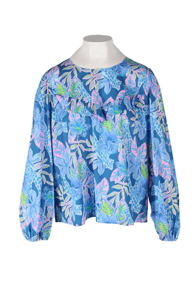  lilly pulitzer blue print long sleeved top featuring a round neckline, balloon sleeves with elasticated cuffs, ruffle trim on yoke, contrasting leaf print throughout and a standard fit. 