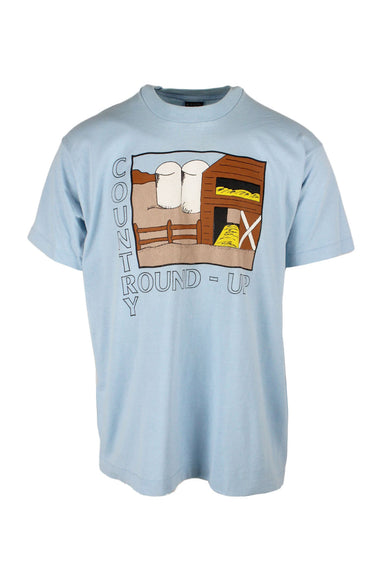 vintage screen stars best light blue t-shirt. features ‘country round-up’ graphic printed at front with ribbed collar.