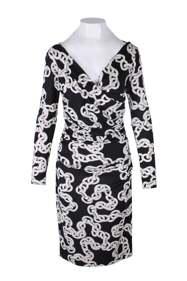 diane von furstenberg black and white long sleeve silk dress. features all over chain print fabric with medium heavy weight, horizontal ruching around midsection, cross over v-neck/backline, and mid length hem.