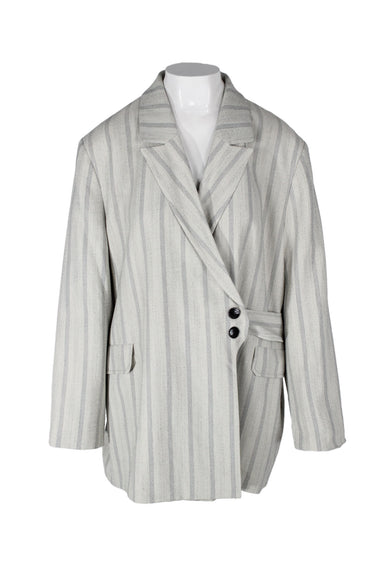 ganni grey pinstripe oversized blazer. original tags attached. asymmetric side button closure and belted waist. pockets at sides.  