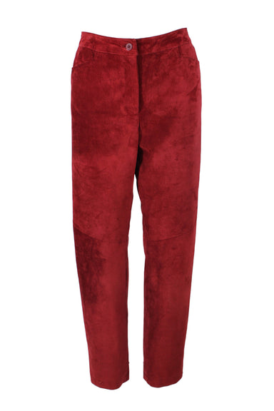 vintage peruvian connection red suede leather high waisted pants. features zipper closure with button fastener, two hip pockets, full lining, and tapered leg. 