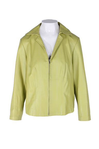 jones new york green lime long sleeve leather jacket. features notched lapels, v neckline, contrast stitching, slit at cuffs, and zip closure at front.