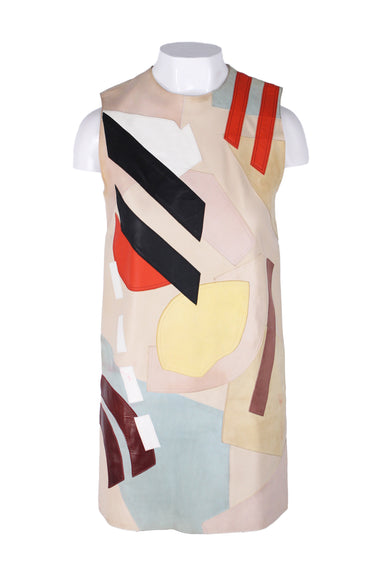 acne studios beige leather sleeveless mini dress. features patchwork with geometrical shapes throughout, crew neckline, contrast zig zag stitching, straight hem, and zip closure at back.