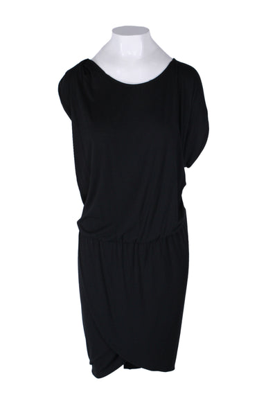 mm6 by maison margiela black jersey asymmetrical dress. features one cap sleeve on right, short sleeve on left, drop waist with elastic band, rounded collar, cross over mid length skirt, and diagonal low back. 