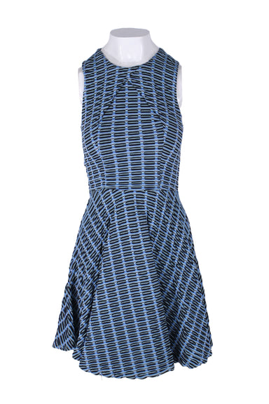 opening ceremony blue sleeveless flared skirt minidress. features wavy textured patterned stretch jersey fabric, pleated bodice with high rounded neck, button key hold behind neck, and flared pleated bias cut skirt. 