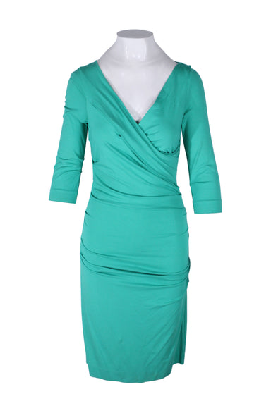 diane von furstenberg sea green 'bentley' three-quarter sleeve midi dress. features surplice neckline, gathered side seams, and asymmetrical upper back in stretchy jersey fabric. unlined. 