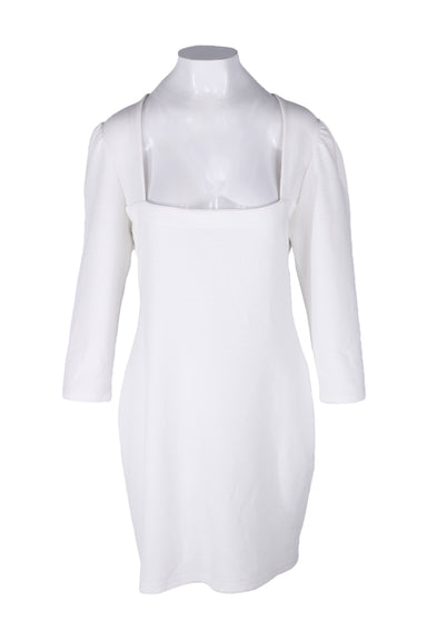 betsey johnson white long sleeve mini dress. features horizontal rib fabric body with slight stretch, square neckline, low back, and adjustable gathered shoulder. 