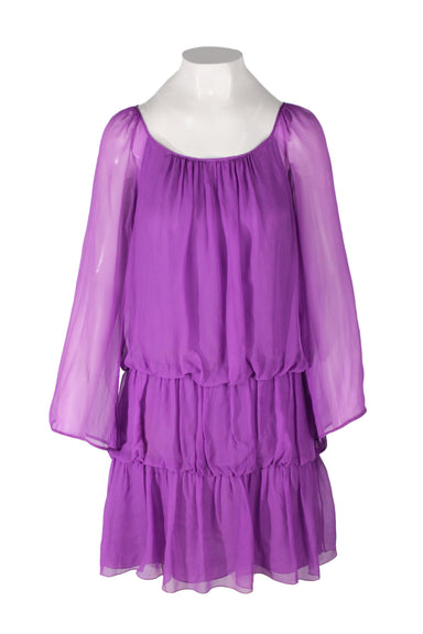 alberta ferretti bright purple silk knee length dress. features sheer belled long sleeves, rounded neckline, drop waist, fully lined body, and two tiers to ruched panels near hem. 