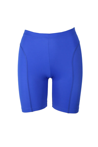  balenciaga bright cobalt blue bike shorts. features faint branding printed on left leg, zippered pocket behind waist, elasticized waist with stretch pull on fit, and branding on inner waist band. 