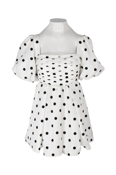 self-portrait white and black polka dot mini dress. features pleated bust, square neckline, smocked upper back, short puff sleeves, side pockets, and invisible back zip closure. lined. 