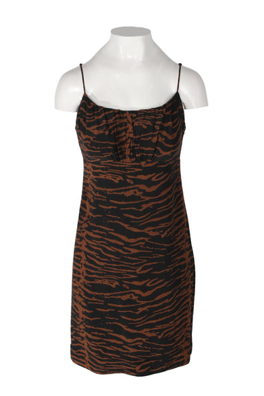 staud brown and black animal print mini dress. features adjustable thin spaghetti straps, empire waist with ruched bust, rounded square neckline, fully lined, and hidden zip closure at left side. 