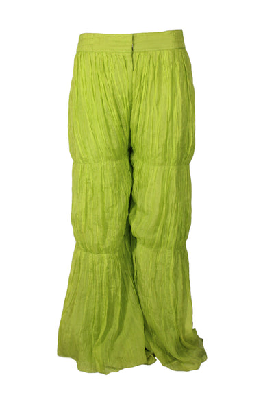 unlabeled chartreuse green silk pants. features zip closure with hook fastening, some elastic give at waist, crinkle outer shell, inner lining, two tiers below and above knee, with flared hem. 