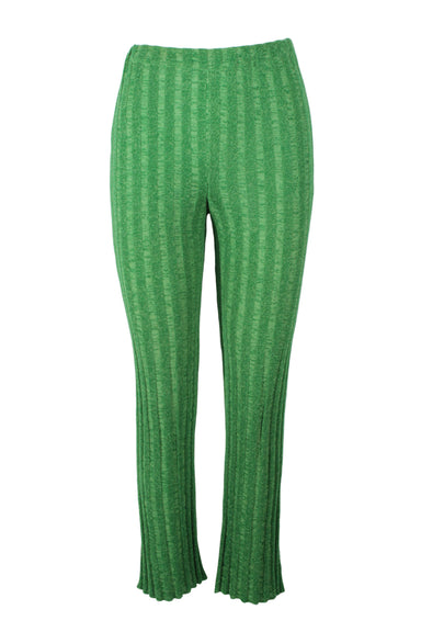 paloma wool kelly green semi-sheer knit pants. features multi-toned coloration, vertical stripe design, slightly flared hem, and elastic waistband. 
