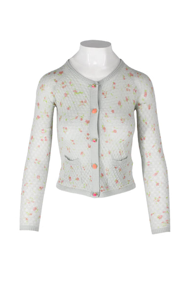 manoush sage green merino wool knit cardigan. features floral print shell, ribbed trim, drop waist pockets, stretchy slim fit, flower button closure along front.