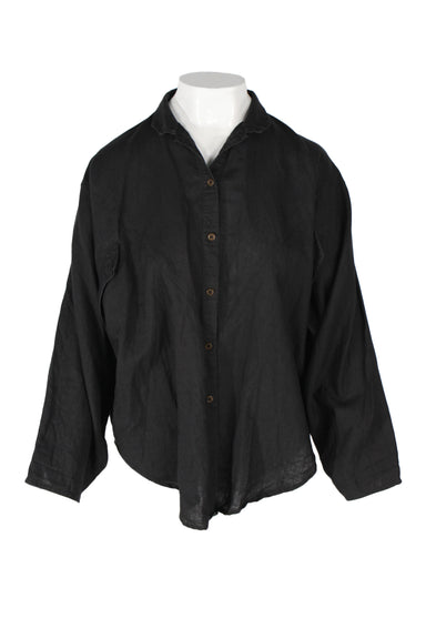 vintage my pantalon black batwing sleeve blouse. features brown button closure up center, angled flap breast pockets, long batwing sleeves, stand up collar, and semi sheer linen-look fabric. 