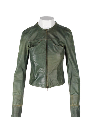  vintage green moto leather jacket. sold as is in vintage condition. features distressed shell, mini drop chest pockets, subtle puff sleeve, slim bodice, zip closure at front. 