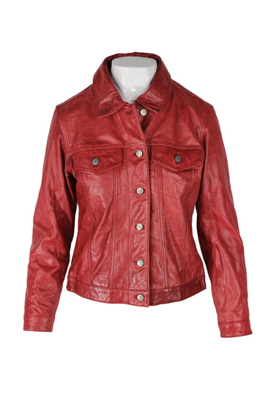 vintage red leather jacket. features collared neckline, buttoned chest pockets, barrel cuffs, button closure along front.  