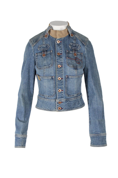 vintage y2k guess medium-wash denim jacket. sold as is. features cropped slim fit, contrasting beige ribbed high neck, drop chest and waist pockets, barrel cuffs, branded bronze-toned button closure.