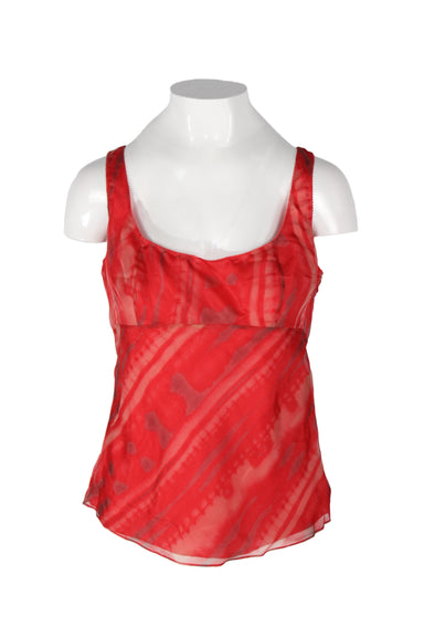  vintage tahari red-toned camisole. features experimental print at sheer overlay shell, subtle sweetheart neckline, empire waist, bias cut fit, zip closure at side.
