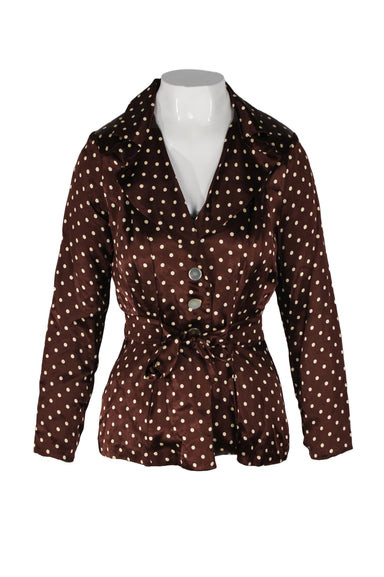  vintage betsey johnson brown polka dot satin belted blazer. made in usa. features polka dot shell, padded shoulders, dramatic notch lapels, slit waist pockets, attached tie waist, peplum hem, fully lined, button closure along front. see condition.