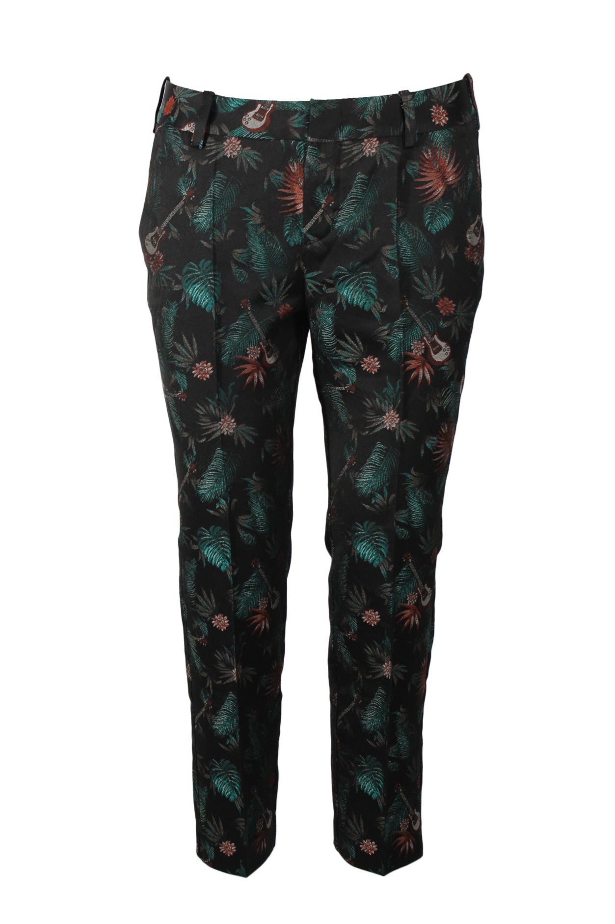 zadig & voltaire 'posh jungle' black/multicolor woven jacquard pants. features guitar/tropical leaf pattern throughout, front slash pockets, rear jetted pockets, and button fly. unlined. 