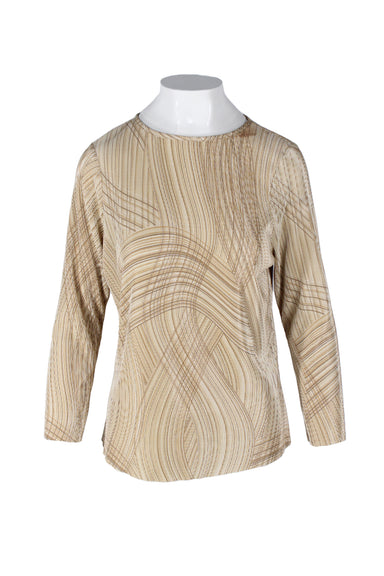 vintage y2k marks & spencer brown-toned pleated long sleeve top. made in the uk. features experimental print at shell, wide neckline, relaxed stretchy fit.