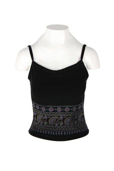 vintage 90s black velour tank. features multicolor print at lower front and square neckline in stretchy, textured fabric. 