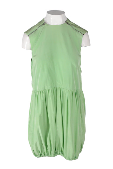 tibi pistachio sleeveless silk mini dress. features bubble silhouette, gathered hem with adjustable drawstring tie, gathered/zippered back panel, and silver toned zipper detail at shoulder seams. lined. 