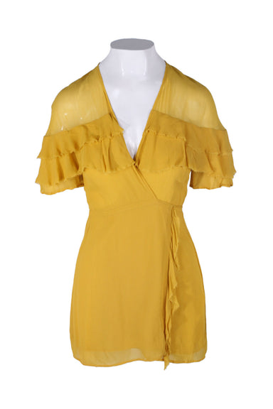  reformation yellow short sleeve wrap mini dress. features ruffled detail at top, v-neckline, contrast stitching, and drawstring closure at waist.