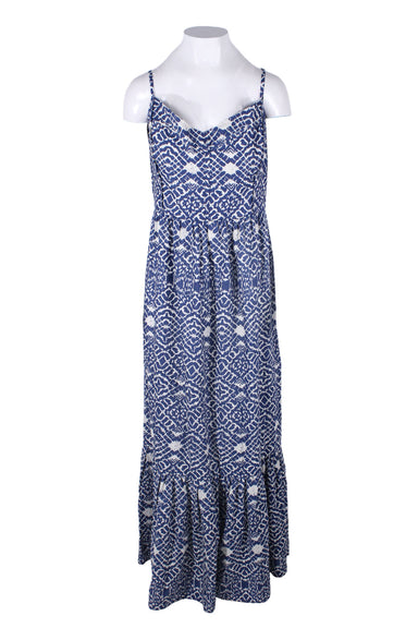 betsey johnson navy and white linen/cotton blend sleeveless maxi dress. features two-tone abstract print throughout, adjustable shoulder straps, tiered lower, smocking at upper back, and invisible side zip closure. lined at upper. 