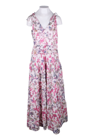 dress the population pale pink/multicolor cotton maxi dress. features multicolor floral embroidery throughout, v-neckline, tiered lower, side pockets, self-tie shoulder straps, and invisible back zip closure. partially lined. 