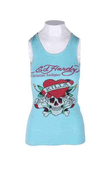 y2k ed hardy blue tank top featuring a round neckline, ribbed fabric, tonal topstitching, contrasting 'ed hardy, love kills slowly' design on front with rhinestones and skull and a slim fit. 