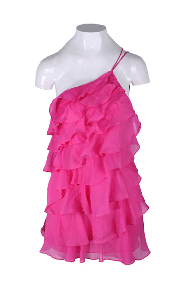 amanda uprichard hot pink one shoulder ruffled minidress. features two thin straps on left shoulder, one strap crosses over low back, tiers of ruffles throughout,  fully lined, and pull over fit. 