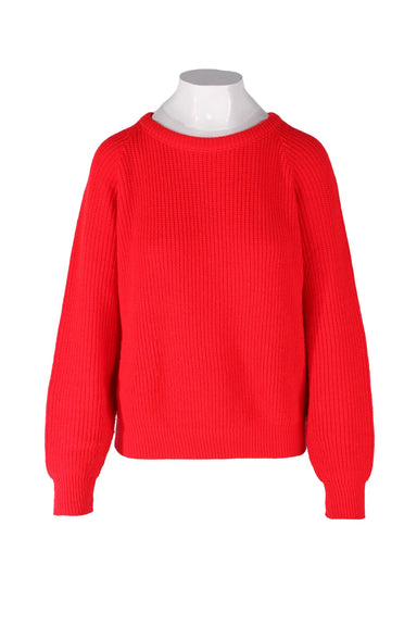 vintage candy apple red long sleeve chunky knit sweater. features raglan sleeves, rib knit trim, and boxy silhouette. 